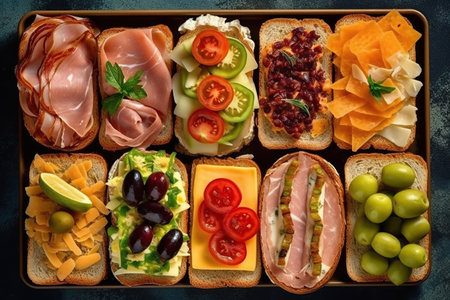 Assortment of various toppings baked sandwiches created by generative AIの素材