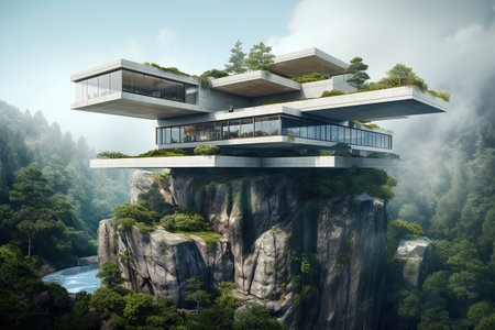 Nordic stone cliff home made of glass and concrete brutal architecture created by generative AIの素材