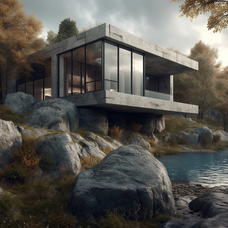 Nordic stone cliff home made of glass and concrete brutal architecture created by generative AIの素材