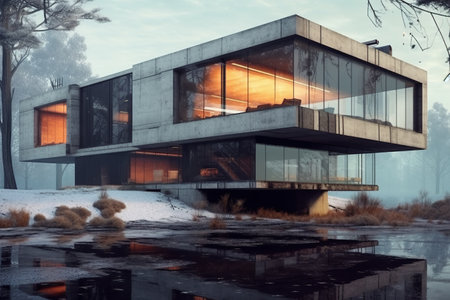 Nordic stone cliff home made of glass and concrete brutal architecture created by generative AIの素材