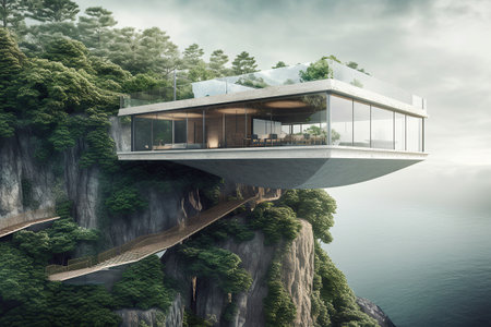 Nordic stone cliff home made of glass and concrete brutal architecture created by generative AIの素材