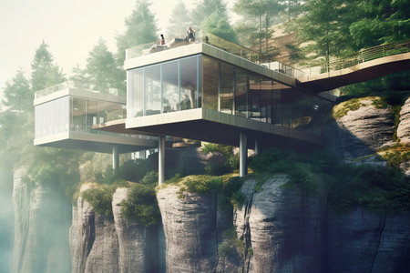 Nordic stone cliff home made of glass and concrete brutal architecture created by generative AIの素材