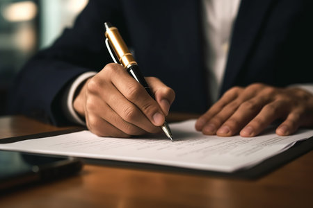 Business person Writing contract law and paper work for business and finance, write document, complete job application forms, contract real estate and insurance concept created by generative AIの素材
