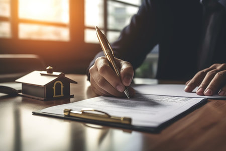 Business person Writing contract law and paper work for business and finance, write document, complete job application forms, contract real estate and insurance concept created by generative AIの素材