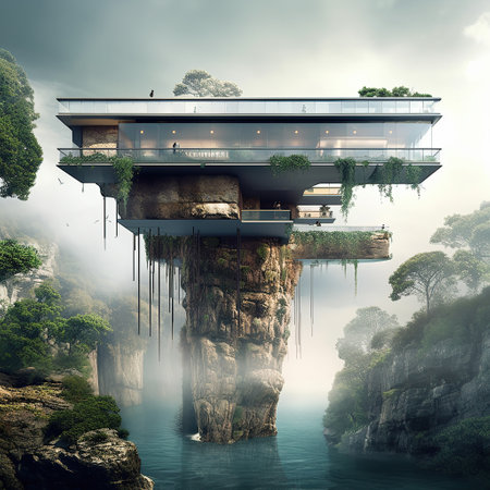Nordic stone cliff home made of glass and concrete brutal architecture created by generative AIの素材