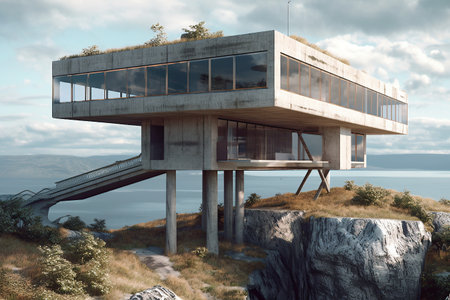 Nordic stone cliff home made of glass and concrete brutal architecture created by generative AIの素材