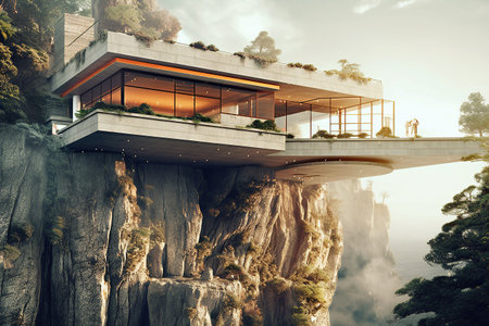 Nordic stone cliff home made of glass and concrete brutal architecture created by generative AIの素材