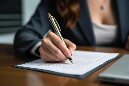 Business person Writing contract law and paper work for business and finance, write document, complete job application forms, contract real estate and insurance concept created by generative AIの素材