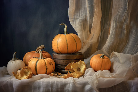 Stunning picturesque still life with sliced pumpkins created by generative AIの素材