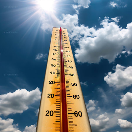 Thermometer with sun shining in summer show increase temperature, concept global warming created by generative AIの素材