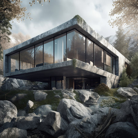 Nordic stone cliff home made of glass and concrete brutal architecture created by generative AIの素材