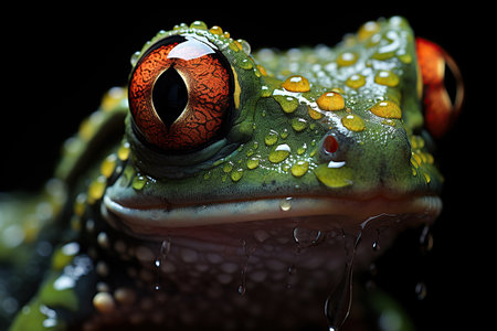 macro shoot a green frog with red and yellow eyes created by generative AIの素材