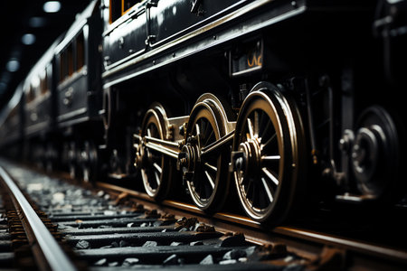 Side close-up shot of train wheels in black_andwhite style created by generative AIの素材
