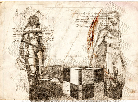 illustration - woman and man drawing in style of Leonardo Da Vinciの写真素材