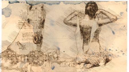 illustration - woman and  horse drawing in style of Leonardo Da Vinciの写真素材