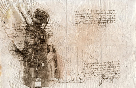 3d illustration - woman angel with wings drawing in style of Leonardo Da Vinciの写真素材