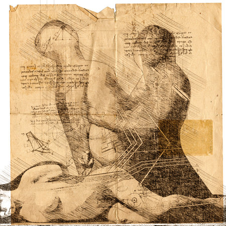 illustration - woman and man drawing in style of Leonardo Da Vinciの写真素材