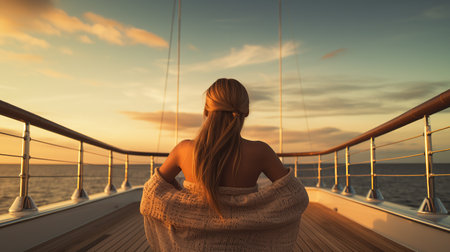 View from behind woman relaxing on a luxury boat,created by AIの素材