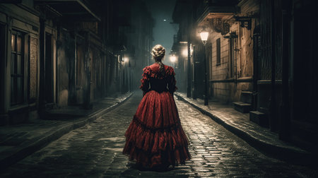 A woman ghostly figure, red spots on her victorian dress, looming the dark night in the street, ghost, frightening atmosphere, urbain city, full figure, dark night, dark alley,  created by AIの素材