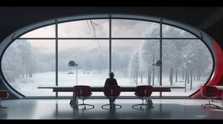 A futuristic meeting room with a long table an a couple of seats, created by AIの素材