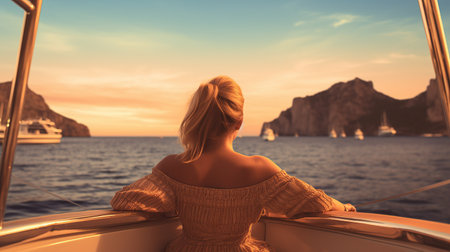 View from behind woman relaxing on a luxury boat,created by AIの素材
