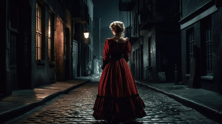 A woman ghostly figure, red spots on her victorian dress, looming the dark night in the street, ghost, frightening atmosphere, urbain city, full figure, dark night, dark alley,  created by AIの素材