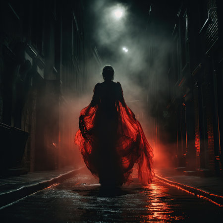 A woman ghostly figure, red spots on her victorian dress, looming the dark night in the street, ghost, frightening atmosphere, urbain city, full figure, dark night, dark alley,  created by AIの素材
