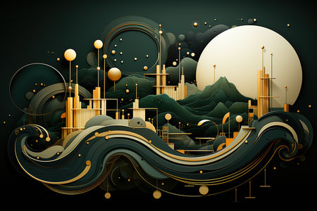 Print ready cover art of graphic shapes of green ans gold created by AIの素材