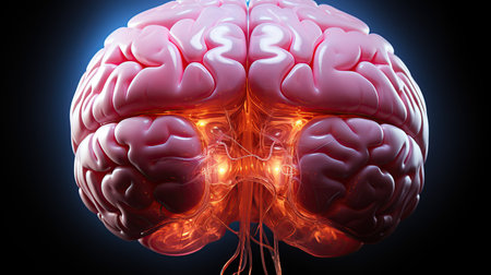 Top view of a human brain enheanced with biotech - elements,created by AIの素材