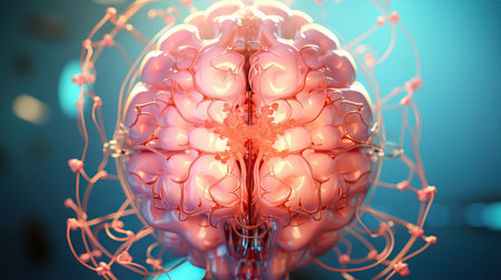 Top view of a human brain enheanced with biotech - elements,created by AIの素材