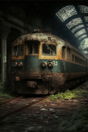 Oil painting of an abandoned and neglected train in an old abandoned subway  created by AIの素材