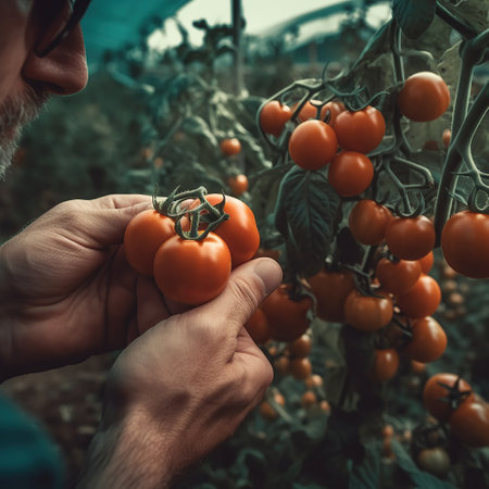 a hand picking tomatoes from the field created by generative AIの素材