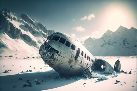 A crashed airplane in the Swiss Alps created by generative AIの素材