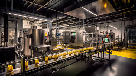 Packing plant with a moving  belt, with bottles that are filled and sealed., created by AIの素材