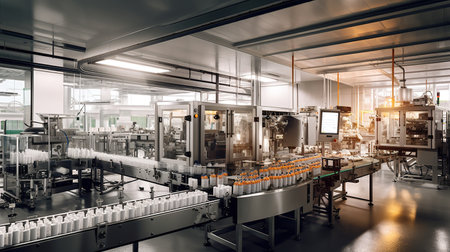 Packing plant with a moving  belt, with bottles that are filled and sealed., created by AIの素材