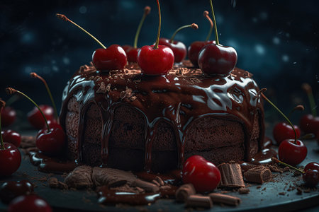 A slice of chocolate cherry cake created by AIの素材