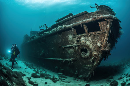 A diver exploring a shipwreck on the ocean floor.  Created by generative AIの素材