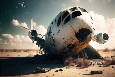 Environmental art with crashes airplane in front of camera created by AIの素材