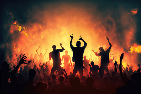 crowd of people dancing on dancefloor, silhouette in nightclub raises hands, lively rave party event for young people created by AIの素材