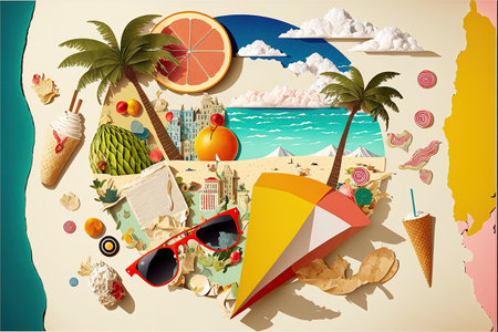 Summer vacation unusual trendy art paper collage design created by AIの素材