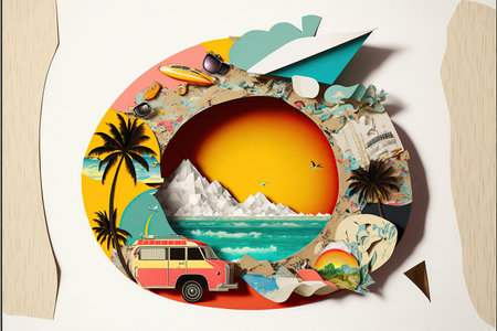 Summer vacation unusual trendy art paper collage design created by AIの素材