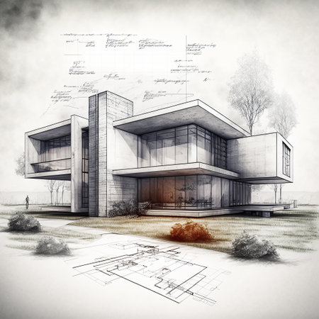 Blueprint drawing of the super modern facade of the building. created by AIの素材