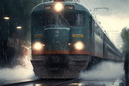 Photorealistic illustration of train on the railroad under the heavy rain. created by AIの素材