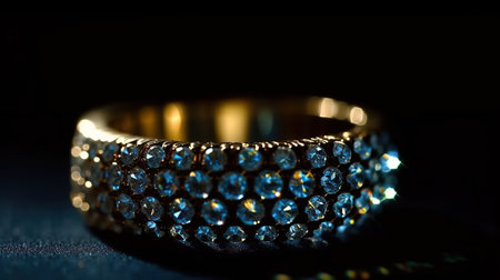 Close - up of a golden ring, studded with many small diamonds .Created by AIの素材