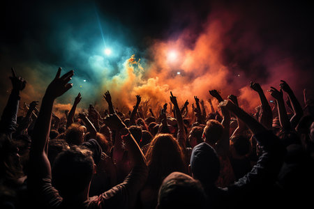 A crowd of people at a live event, concert or party holding hands and smartphones up. Created by AIの素材
