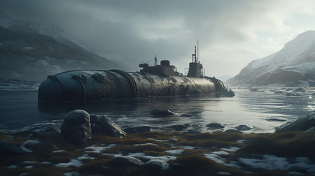 Arctic landscape with sinked submarine dark atmosphere. Created by AIの素材