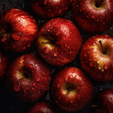 Top view of  red apples with visible drops of water  created by AI. Generative Aiの素材