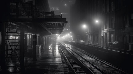 downtown New York street, above ground subway track, fog, rain.created by generative AIの素材