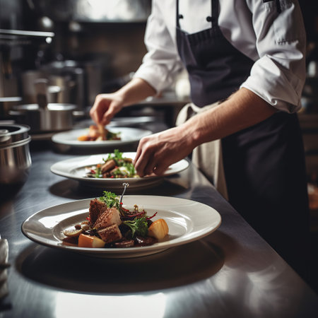 chef handing dishes to server in commercial kitchen created by generative AIの素材