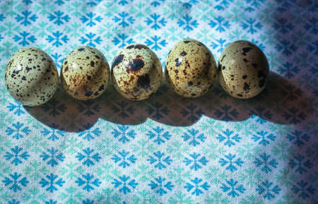 Quail eggs in large quantities on a blue backgroundの写真素材